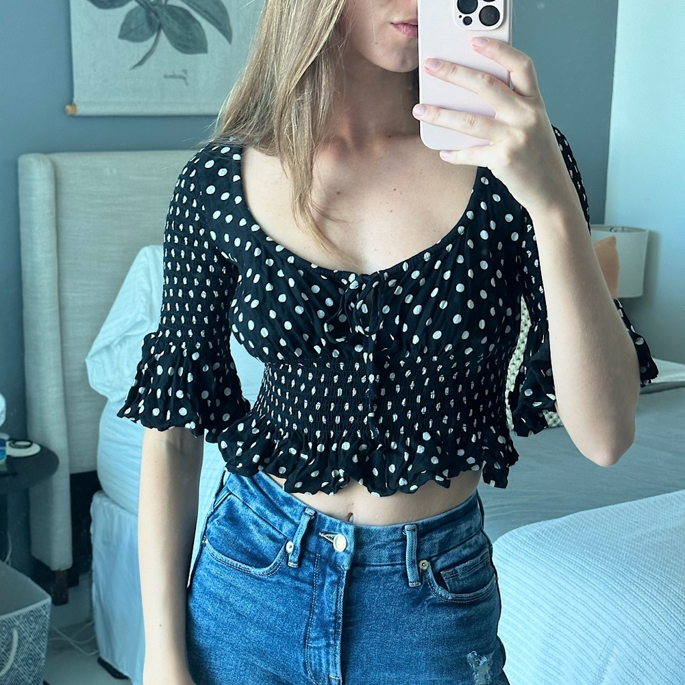 Free People Polka Dot Peasant Top with Smocked Details